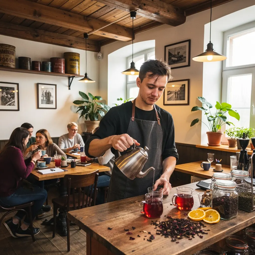 Žmonės mėgaujasi hibisko arbata, diskutuodami apie jos naudą sveikatai.